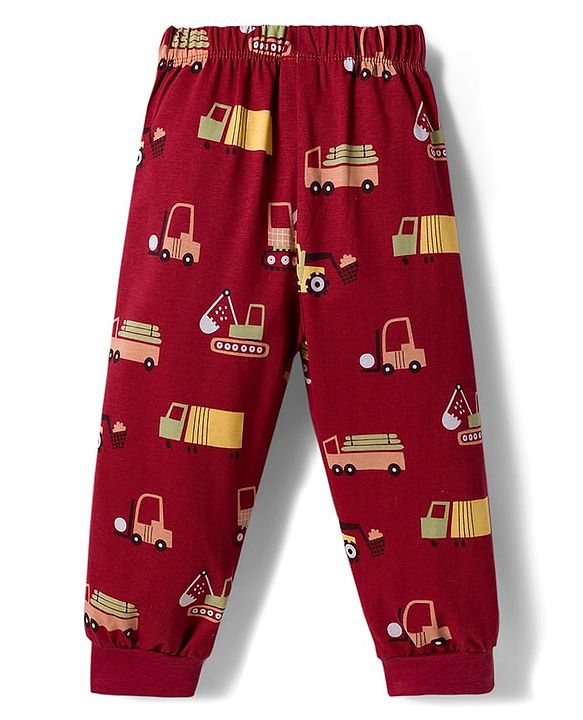 Babyhug Cotton Knit Full Sleeves Co-ord Night Suit With Vehicle Print - Brown