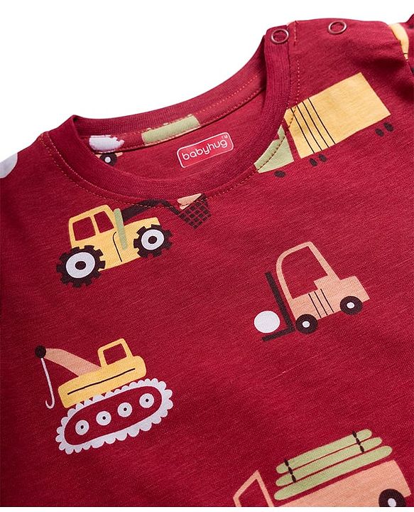 Babyhug Cotton Knit Full Sleeves Co-ord Night Suit With Vehicle Print - Brown