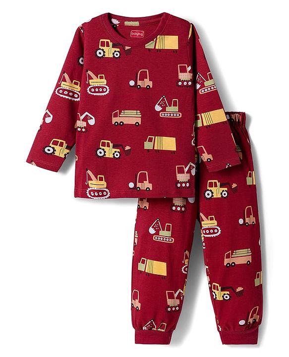 Babyhug Cotton Knit Full Sleeves Co-ord Night Suit With Vehicle Print - Brown