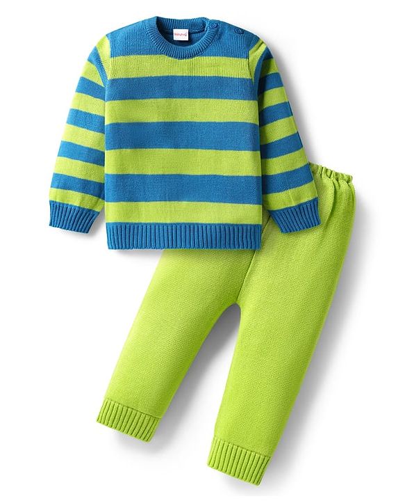 Babyhug Knit Full Sleeves Pullover Striped Sweater Set - Blue & Lime Green