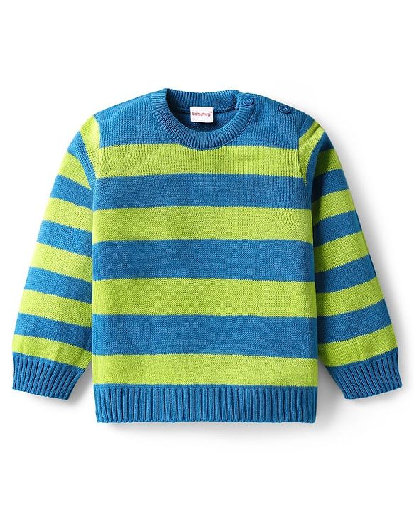 Babyhug Knit Full Sleeves Pullover Striped Sweater Set - Blue & Lime Green
