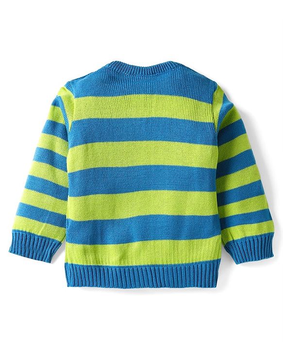 Babyhug Knit Full Sleeves Pullover Striped Sweater Set - Blue & Lime Green