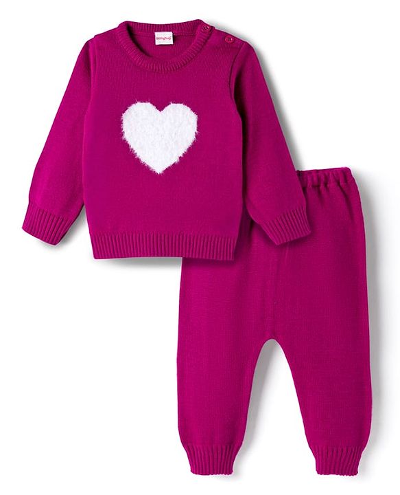 Babyhug Knit Full Sleeves Pullover Sweater Set with Heart Design - Pink