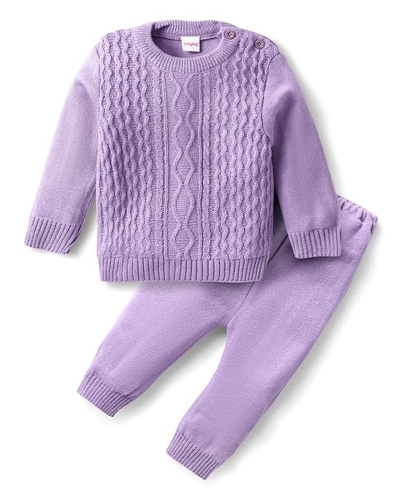 Babyhug Knit Full Sleeves Pullover Sweater Set with Cable Knit Design - Lavender