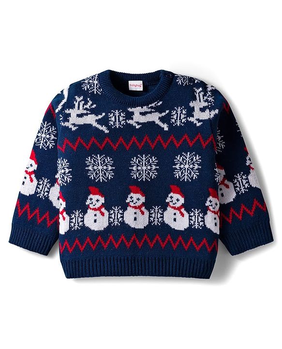 Babyhug Knit Full Sleeves Pullover Sweater Set with Snowman Design - Navy Blue