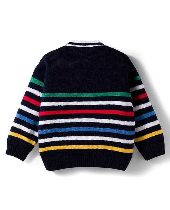 Babyhug Knit Full Sleeves Front Open Striped Sweater Set - Multicolor
