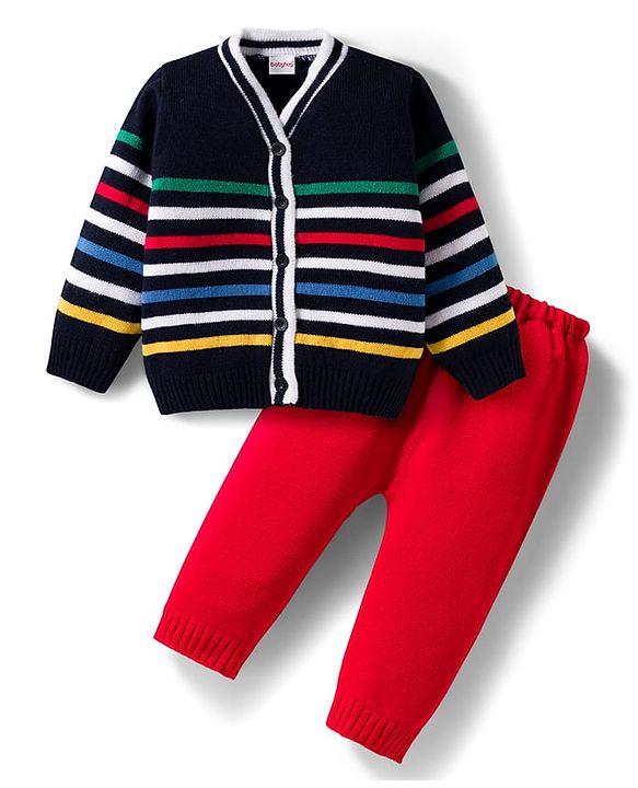 Babyhug Knit Full Sleeves Front Open Striped Sweater Set - Multicolor