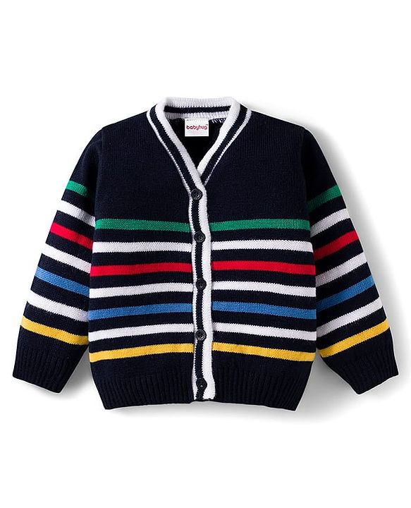 Babyhug Knit Full Sleeves Front Open Striped Sweater Set - Multicolor