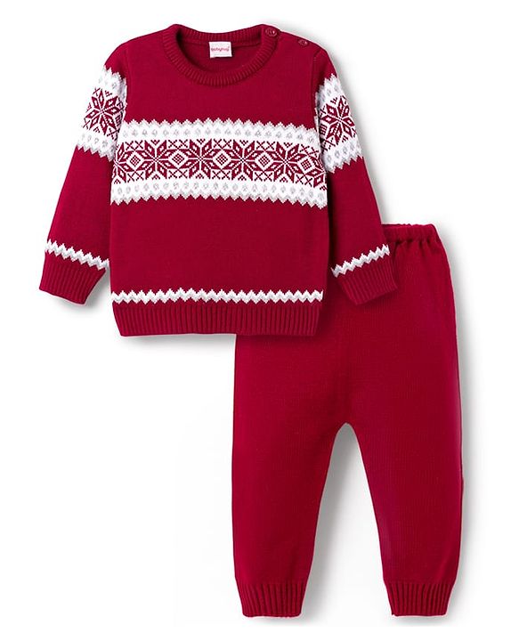 Babyhug Knit Full Sleeves Pullover Sweater Set with Aztec Design - Red
