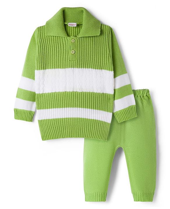 Babyhug Knit Full Sleeves Striped Sweater Set - Green