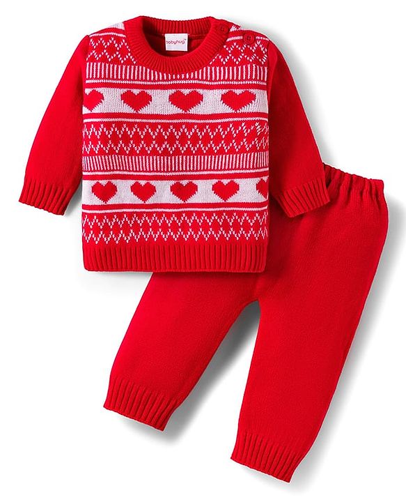 Babyhug Knitted Full Sleeves Sweater Set With Heart Design - Red