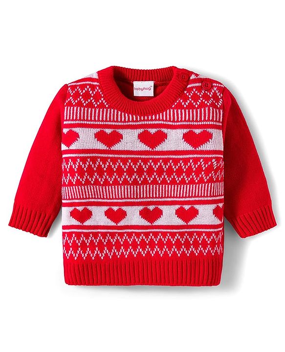 Babyhug Knitted Full Sleeves Sweater Set With Heart Design - Red