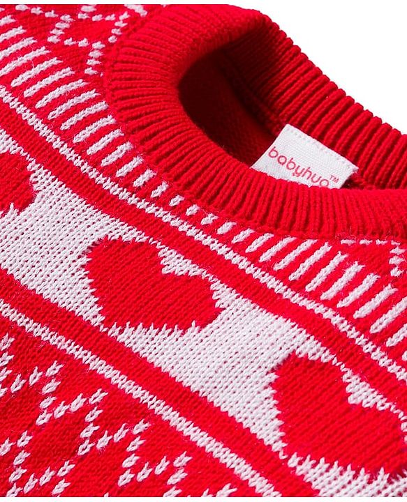 Babyhug Knitted Full Sleeves Sweater Set With Heart Design - Red