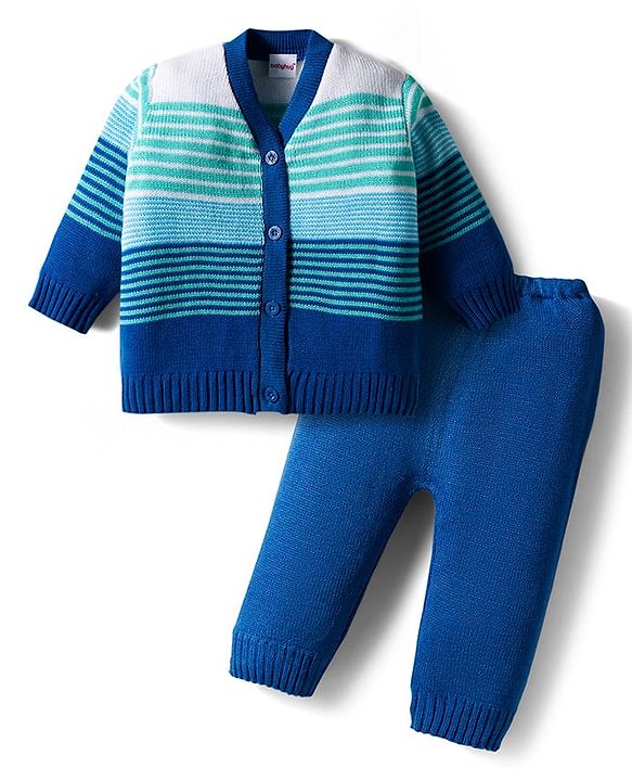 Babyhug Knit Full Sleeves Front Open Striped Sweater Set - Blue