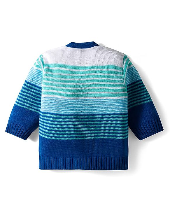 Babyhug Knit Full Sleeves Front Open Striped Sweater Set - Blue