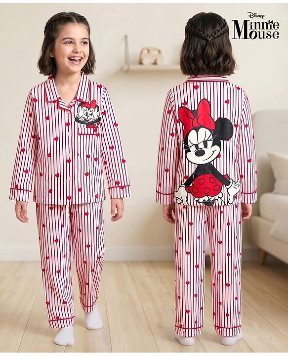 Pine Kids Disney 100% Cotton Knit Full Sleeves Front Open Co-Ords Shirt & Pyjama Night Suit With Front & Back Minnie Mouse Graphics - Red