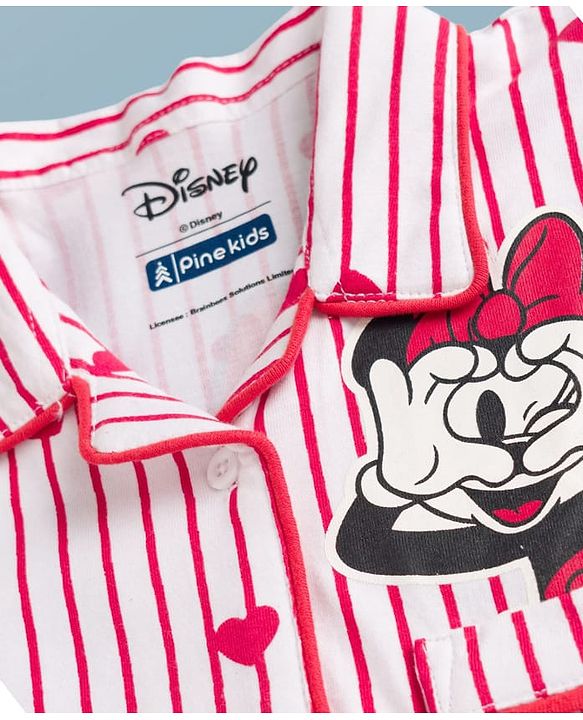 Pine Kids Disney 100% Cotton Knit Full Sleeves Front Open Co-Ords Shirt & Pyjama Night Suit With Front & Back Minnie Mouse Graphics - Red