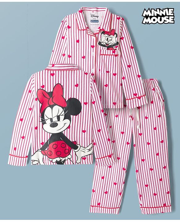 Pine Kids Disney 100% Cotton Knit Full Sleeves Front Open Co-Ords Shirt & Pyjama Night Suit With Front & Back Minnie Mouse Graphics - Red