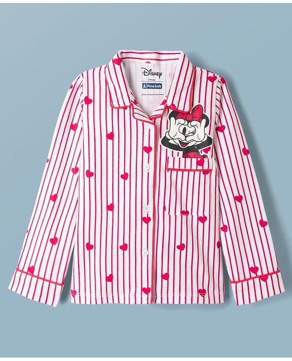 Pine Kids Disney 100% Cotton Knit Full Sleeves Front Open Co-Ords Shirt & Pyjama Night Suit With Front & Back Minnie Mouse Graphics - Red