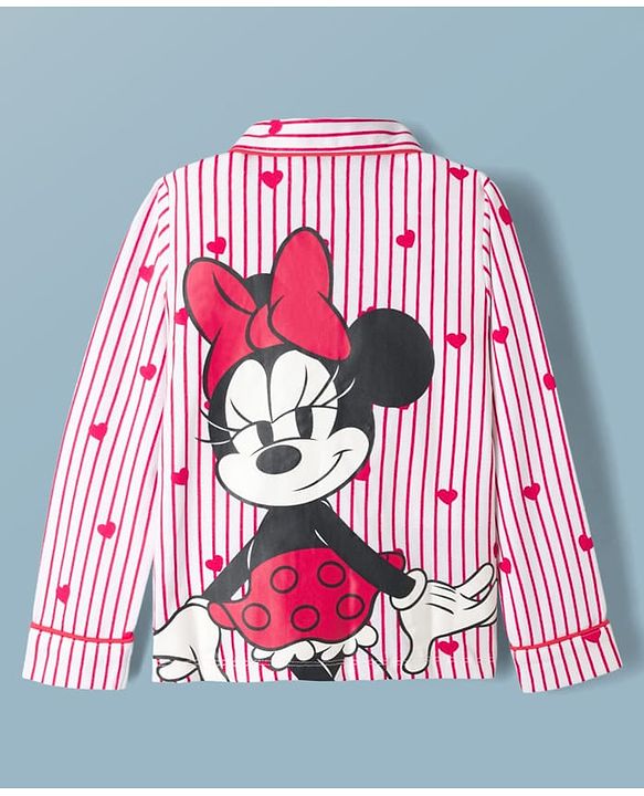 Pine Kids Disney 100% Cotton Knit Full Sleeves Front Open Co-Ords Shirt & Pyjama Night Suit With Front & Back Minnie Mouse Graphics - Red