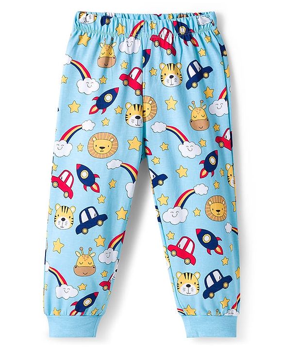 Babyhug Cotton Knit Full Sleeves Co-ords Night Suit with Space Theme Print - Light Blue