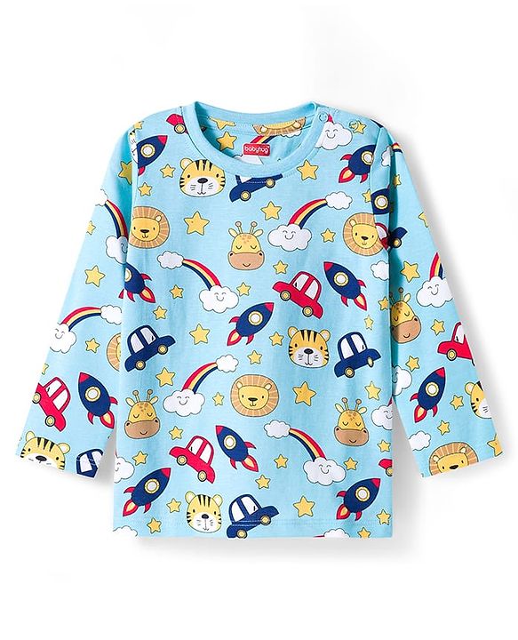 Babyhug Cotton Knit Full Sleeves Co-ords Night Suit with Space Theme Print - Light Blue