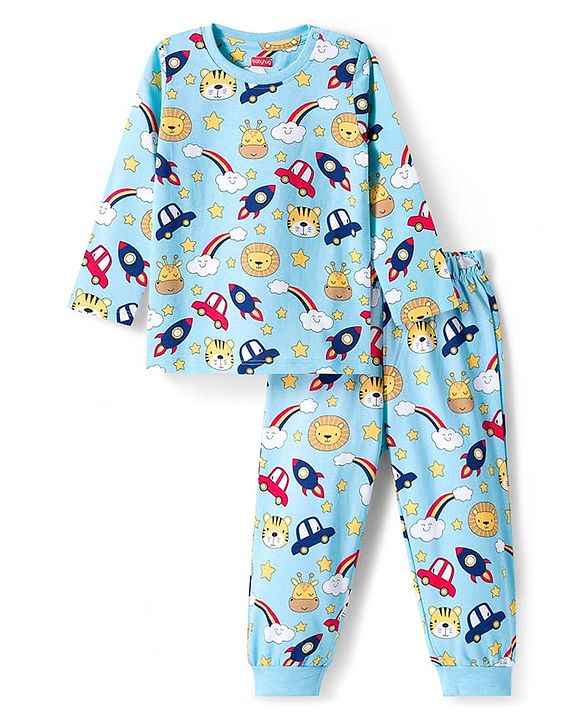 Babyhug Cotton Knit Full Sleeves Co-ords Night Suit with Space Theme Print - Light Blue