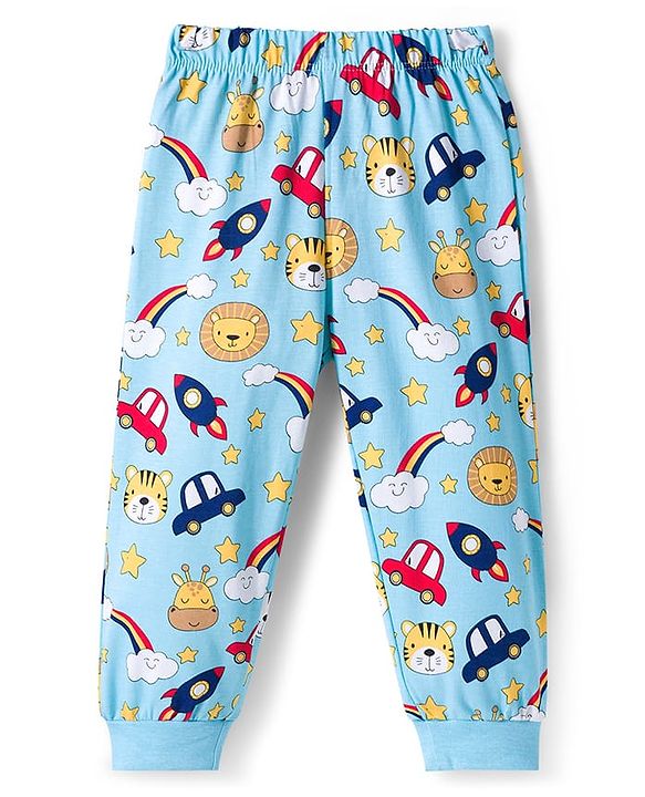 Babyhug Cotton Knit Full Sleeves Co-ords Night Suit with Space Theme Print - Light Blue