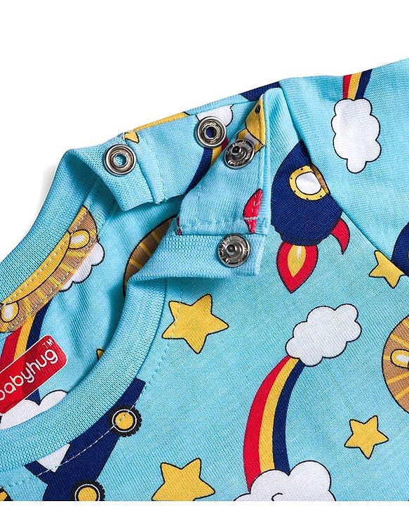 Babyhug Cotton Knit Full Sleeves Co-ords Night Suit with Space Theme Print - Light Blue