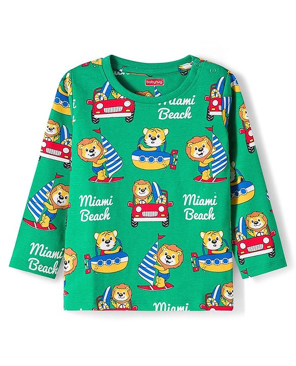 Babyhug Cotton Knit Full Sleeves Co-ords Night Suit with Animal Print - Green