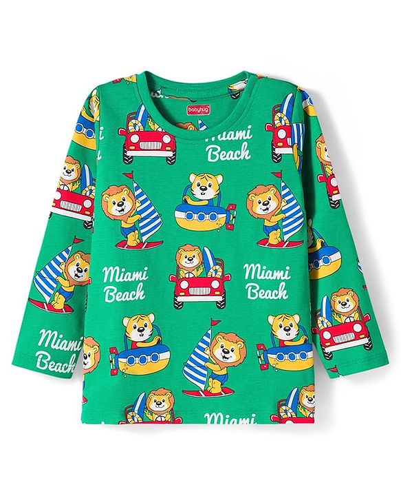 Babyhug Cotton Knit Full Sleeves Co-ords Night Suit with Animal Print - Green