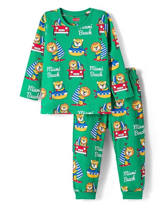 Babyhug Cotton Knit Full Sleeves Co-ords Night Suit with Animal Print - Green