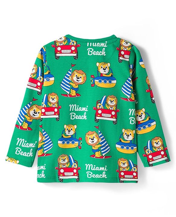 Babyhug Cotton Knit Full Sleeves Co-ords Night Suit with Animal Print - Green