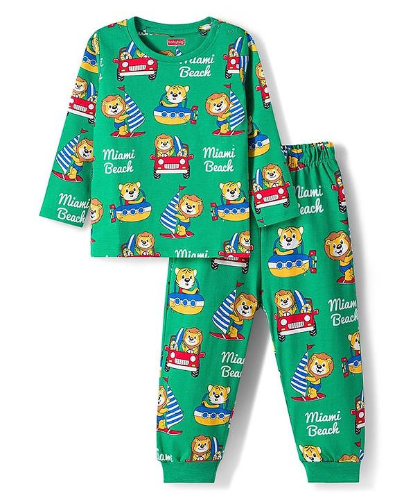 Babyhug Cotton Knit Full Sleeves Co-ords Night Suit with Animal Print - Green