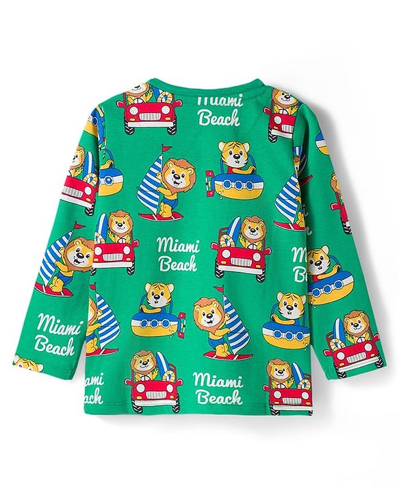 Babyhug Cotton Knit Full Sleeves Co-ords Night Suit with Animal Print - Green