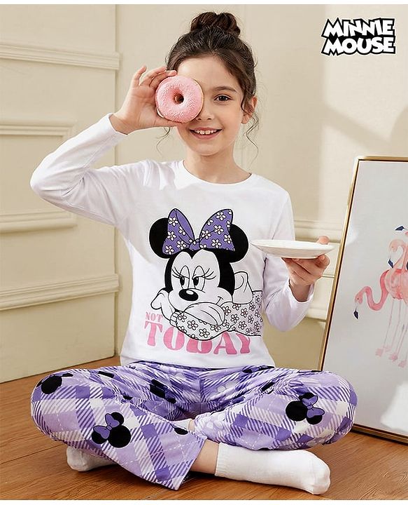 Pine Kids Disney Single Jersey Knit Full Sleeves Night Suit With Minnie Mouse Graphics - Lavender