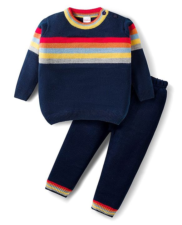 Babyhug Knit Full Sleeves Sweater Set With Stripes - Navy Blue