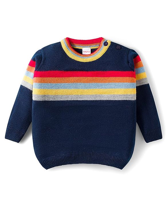 Babyhug Knit Full Sleeves Sweater Set With Stripes - Navy Blue