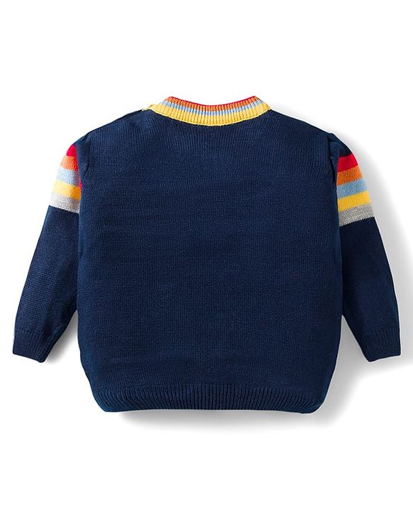 Babyhug Knit Full Sleeves Sweater Set With Stripes - Navy Blue