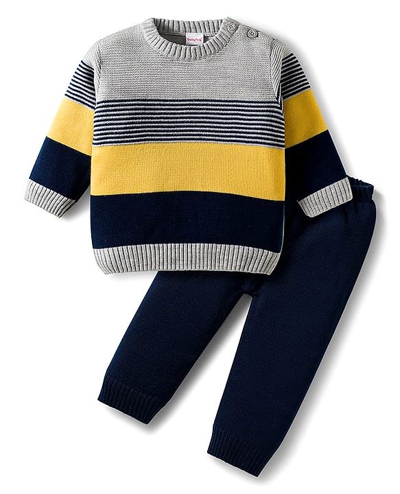 Babyhug Knit Full Sleeves Sweater Set With Stripes - Multicolour