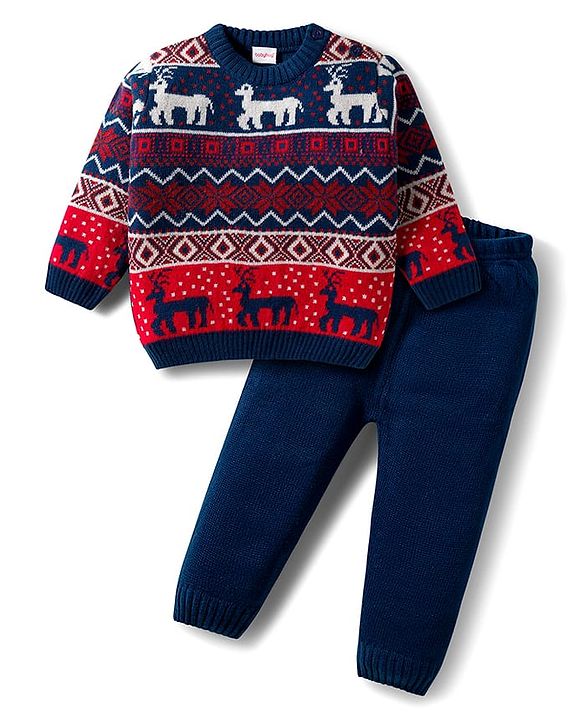 Babyhug Knit Full Sleeves Sweat Set With Animal Design - Navy Blue