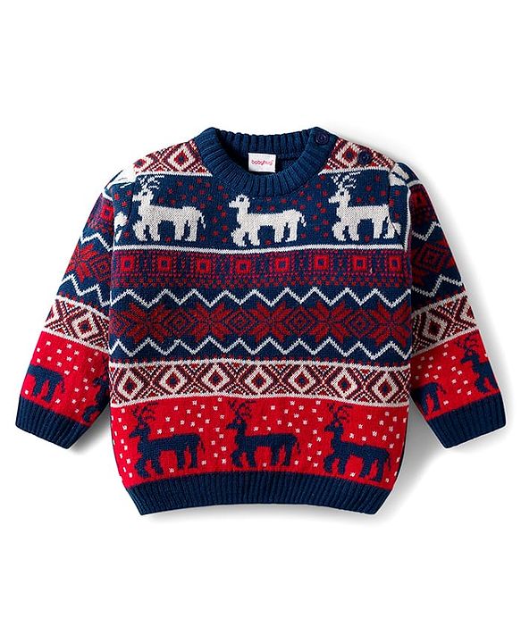Babyhug Knit Full Sleeves Sweat Set With Animal Design - Navy Blue