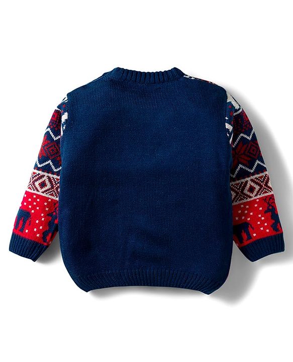 Babyhug Knit Full Sleeves Sweat Set With Animal Design - Navy Blue