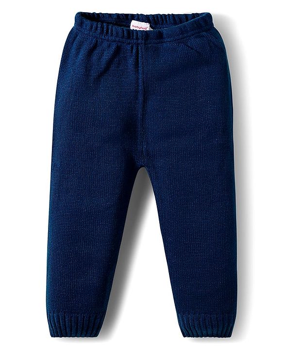 Babyhug Knit Full Sleeves Sweat Set With Animal Design - Navy Blue