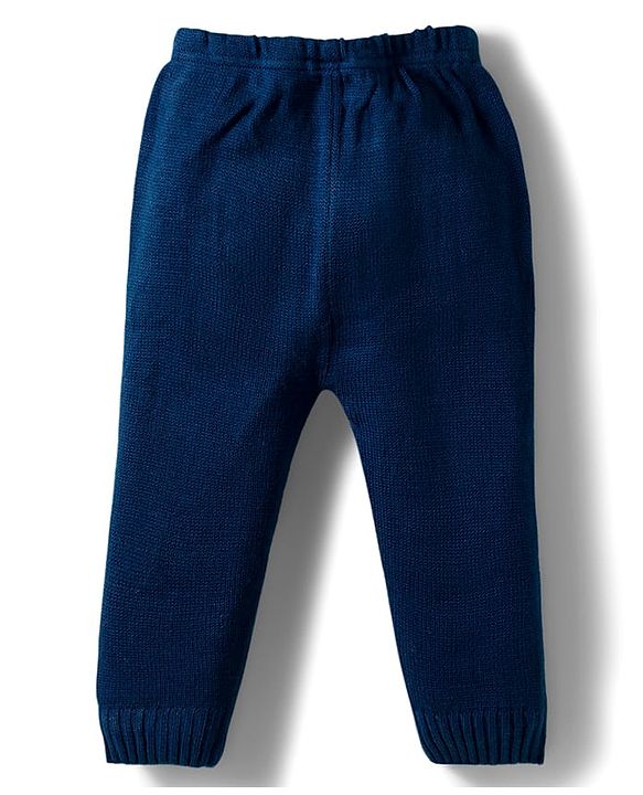 Babyhug Knit Full Sleeves Sweat Set With Animal Design - Navy Blue