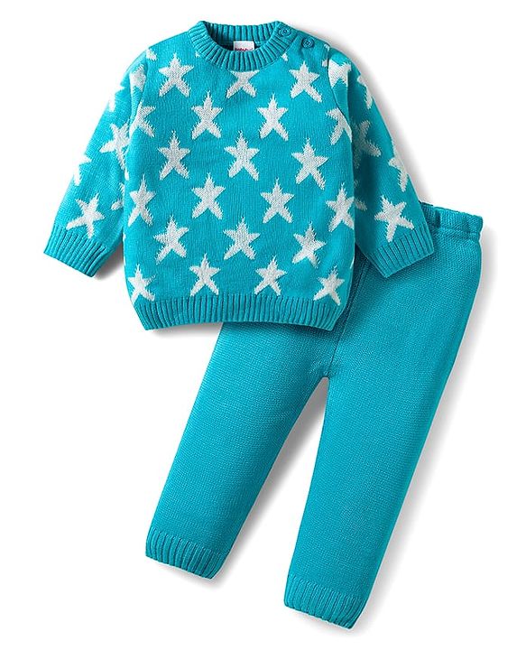 Babyhug Knit Full Sleeves Sweater Set With Star Design - Light Blue