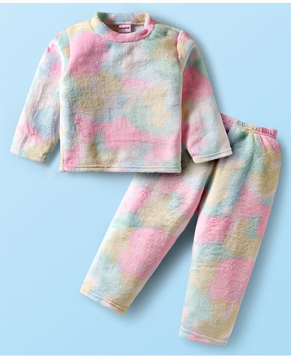 Babyhug Velour Knit Full Sleeves Co-ords Winter Wear Night Suit With Tie Dye Print - Multicolour
