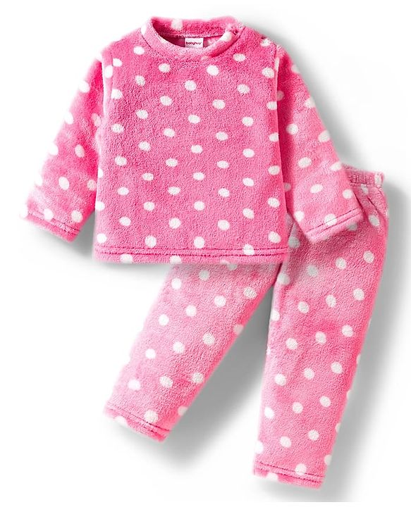 Babyhug Velour Knit Full Sleeves Co-ords Night Suit With Polka Dot Print - Pink