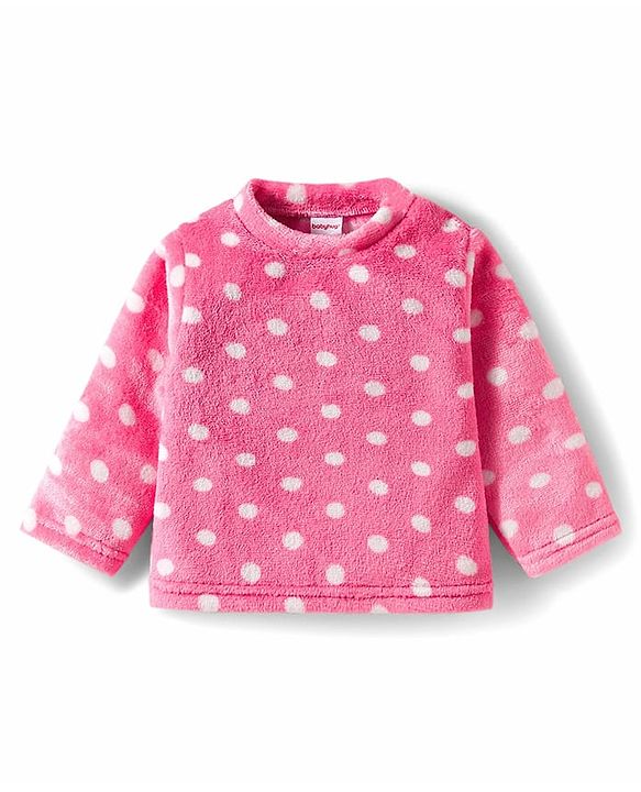 Babyhug Velour Knit Full Sleeves Co-ords Night Suit With Polka Dot Print - Pink
