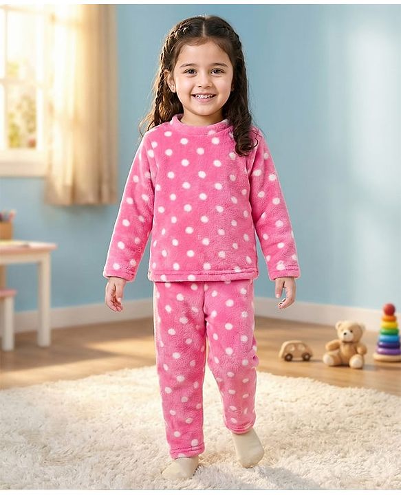 Babyhug Velour Knit Full Sleeves Co-ords Night Suit With Polka Dot Print - Pink